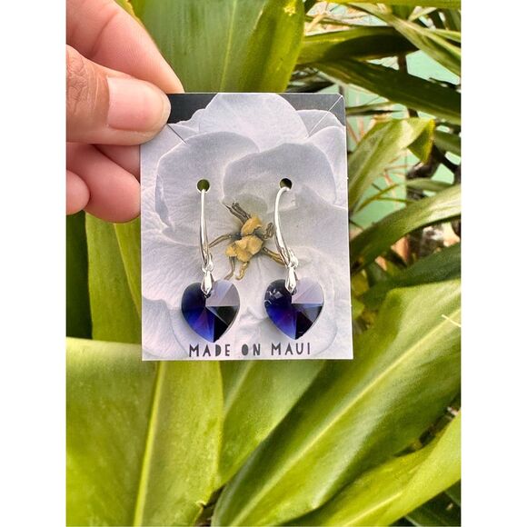 228A. Swarovski Dark Indigo Heart & Sterling Silver Earrings Made on Maui - Picture 2 of 4